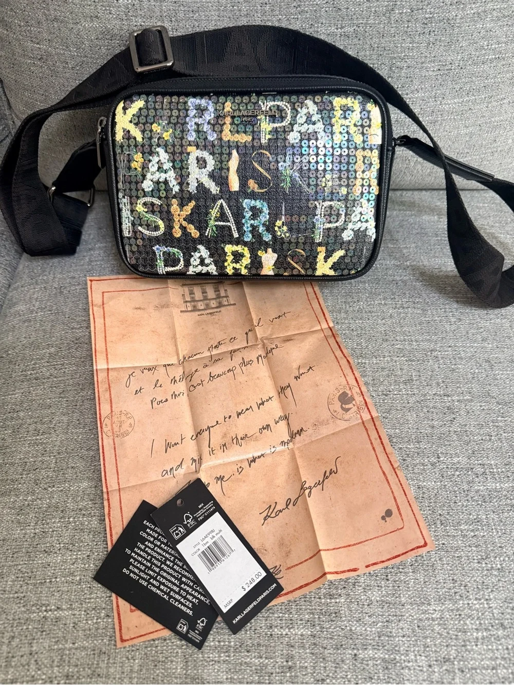 Karl Lagerfeld Black Sequin Multicolor Lettering Crossbody Paris Handbag $249